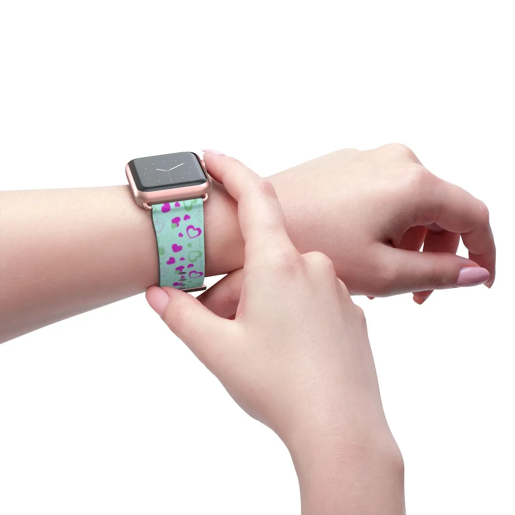 Light Blue Pink Hearts Shaped Print Premium 38mm/ 42mm Watch Band- Made in USA