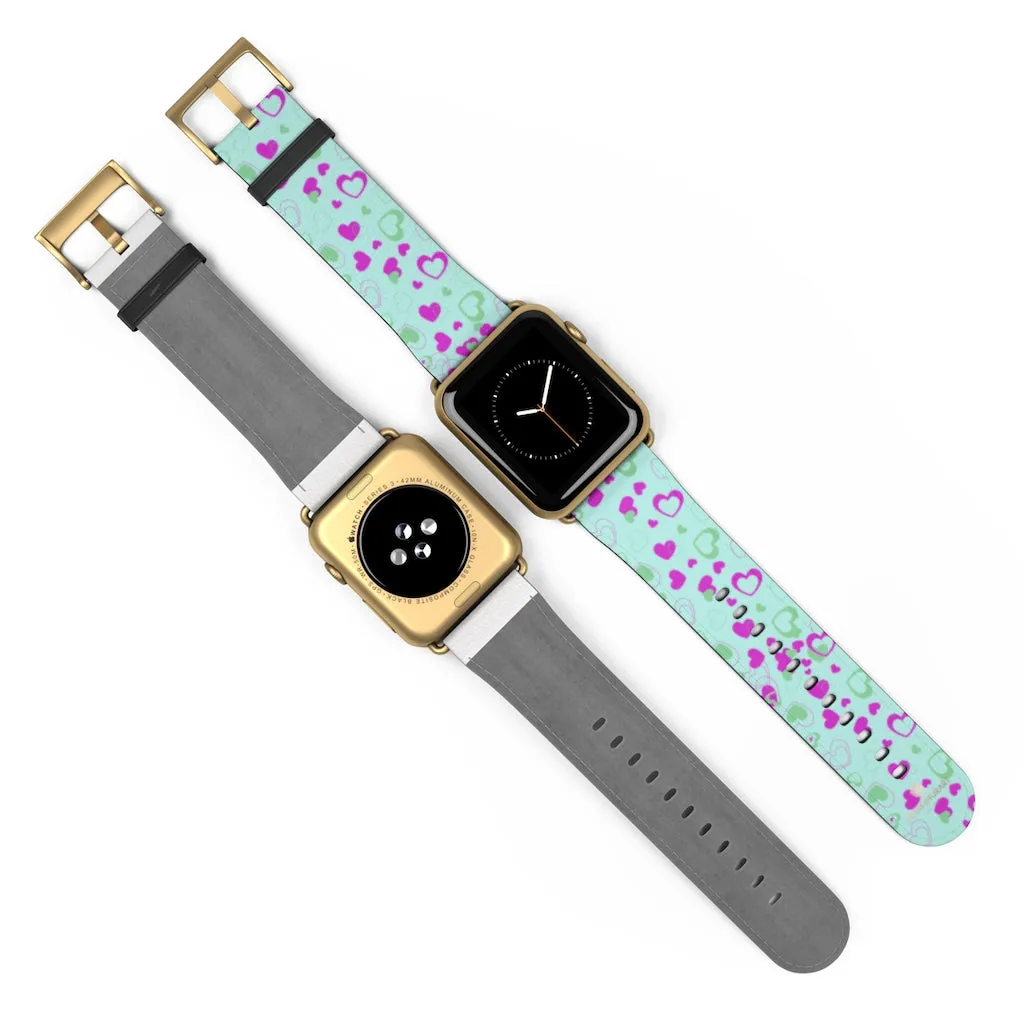 Light Blue Pink Hearts Shaped Print Premium 38mm/ 42mm Watch Band- Made in USA