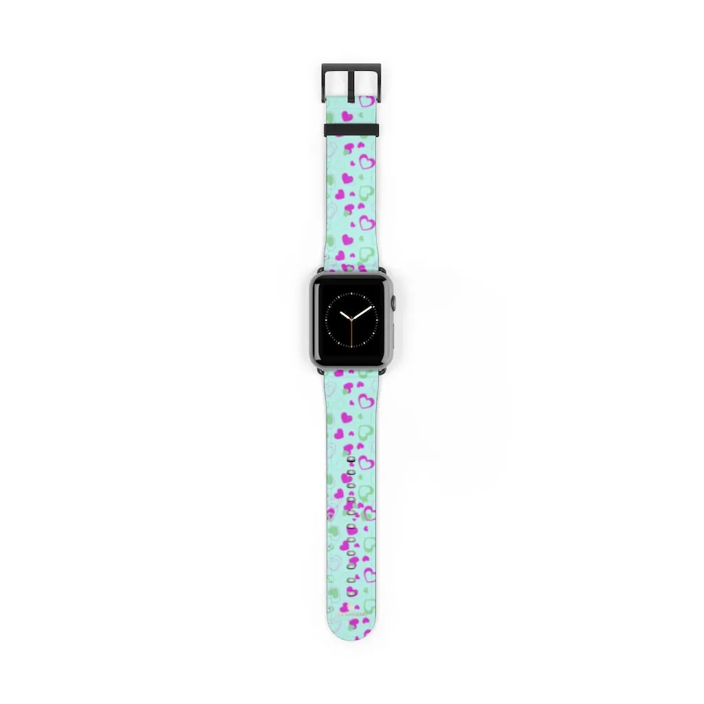 Light Blue Pink Hearts Shaped Print Premium 38mm/ 42mm Watch Band- Made in USA