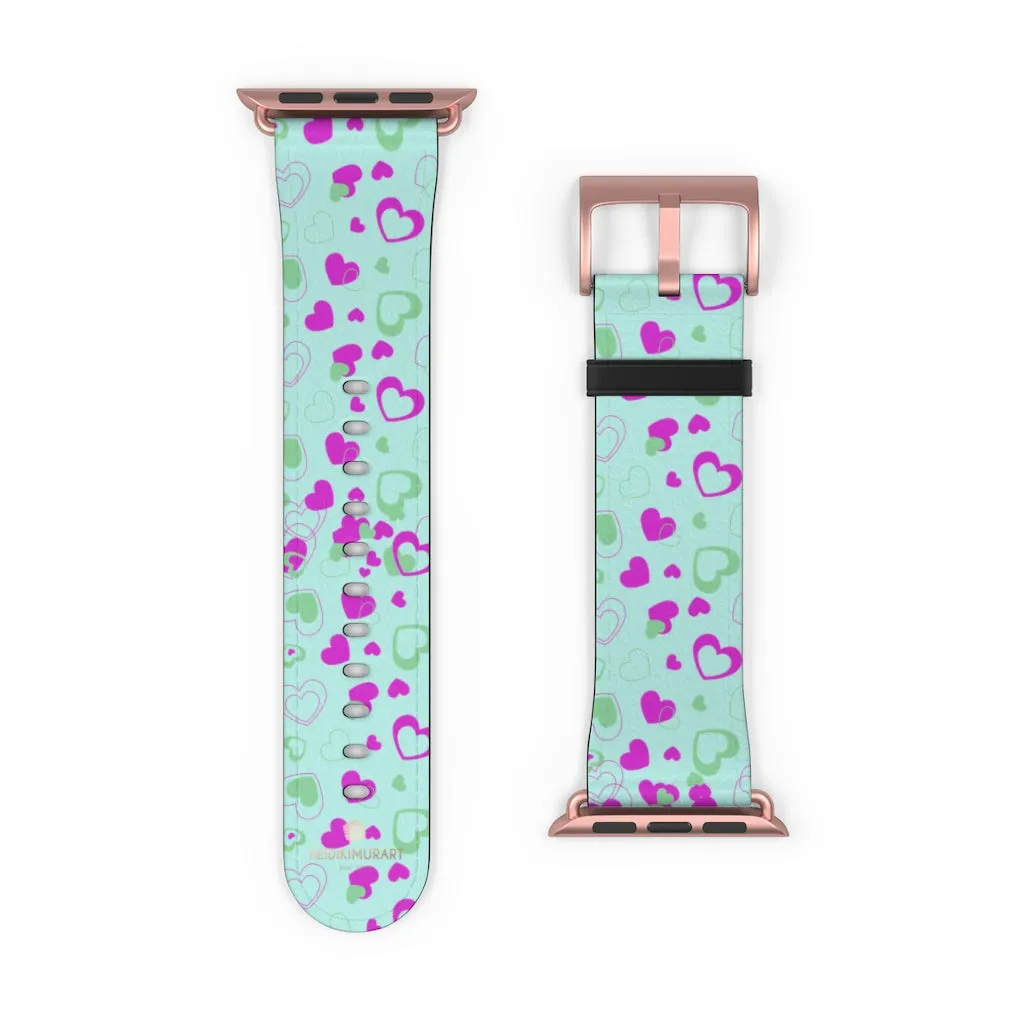 Light Blue Pink Hearts Shaped Print Premium 38mm/ 42mm Watch Band- Made in USA