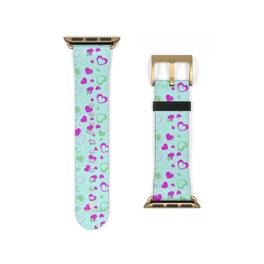 Light Blue Pink Hearts Shaped Print Premium 38mm/ 42mm Watch Band- Made in USA