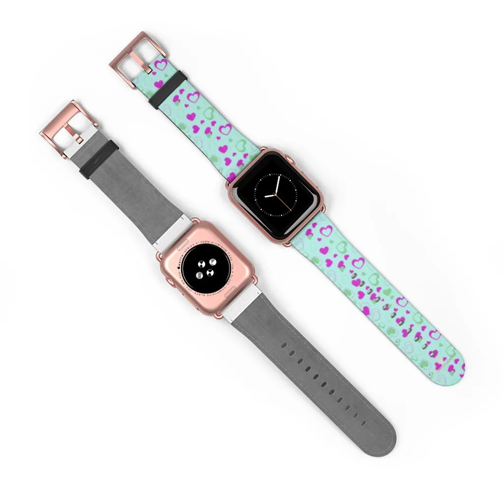 Light Blue Pink Hearts Shaped Print Premium 38mm/ 42mm Watch Band- Made in USA