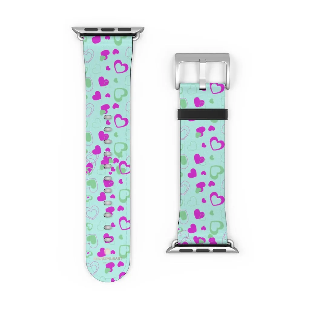 Light Blue Pink Hearts Shaped Print Premium 38mm/ 42mm Watch Band- Made in USA