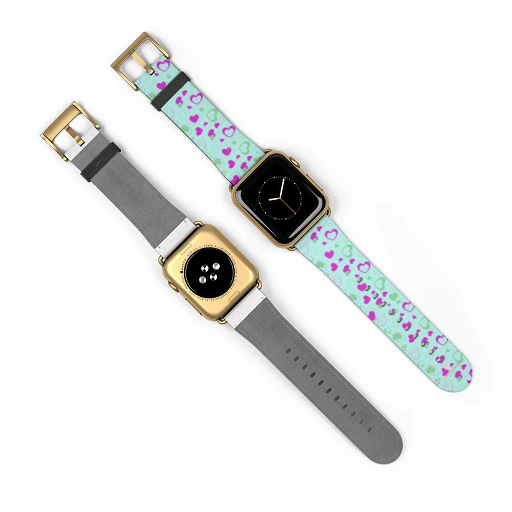 Light Blue Pink Hearts Shaped Print Premium 38mm/ 42mm Watch Band- Made in USA