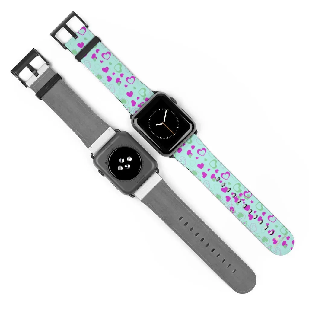 Light Blue Pink Hearts Shaped Print Premium 38mm/ 42mm Watch Band- Made in USA