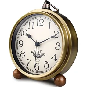 NEOTEND Metal Golden Desk Clock Non-Ticking Small Table Clock Quartz Movement HD Glass Desk Clock for Bedroom Living Room Indoor Decoration Alarm Clock