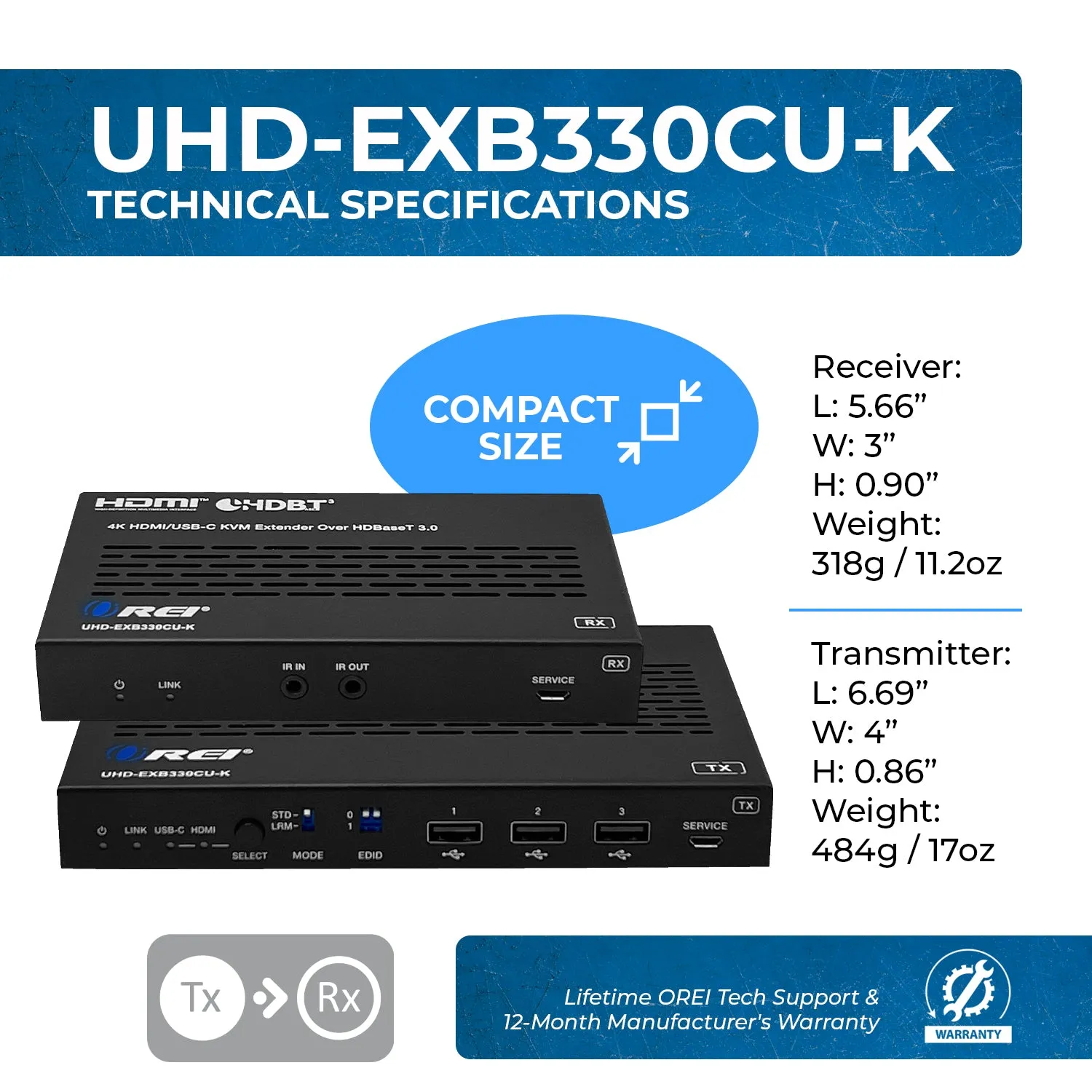 OREI 4K HDMI/USB-C HDBaseT 3.0 Extender Over CAT6/7 With KVM (UHD-EXB330CU-K)
