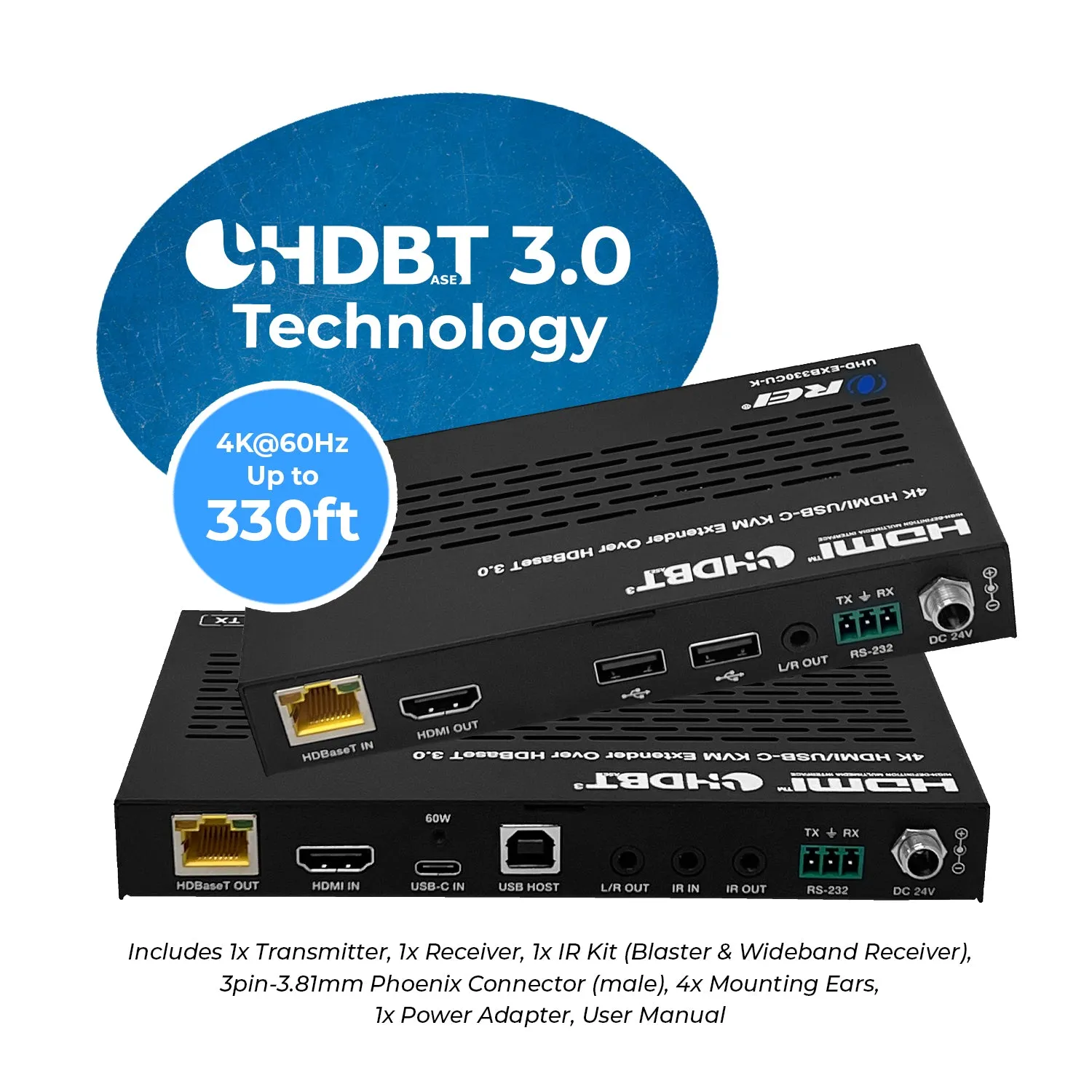 OREI 4K HDMI/USB-C HDBaseT 3.0 Extender Over CAT6/7 With KVM (UHD-EXB330CU-K)