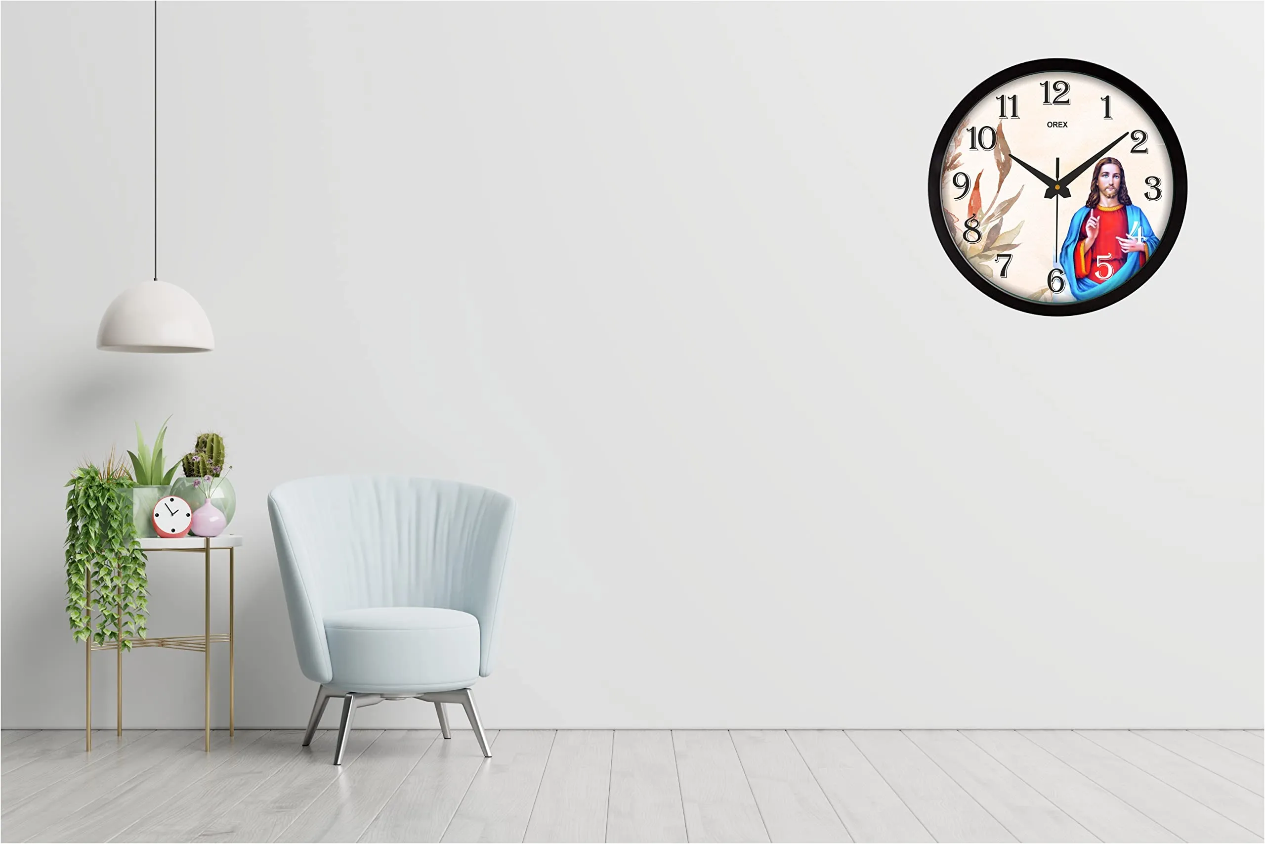 OREX Round Plastic Black Frame Plastic Jesus Christ Wall Clock with Glass (30 * 30 * 4 cm) for Living Room||Home||School||Office(OC-059)