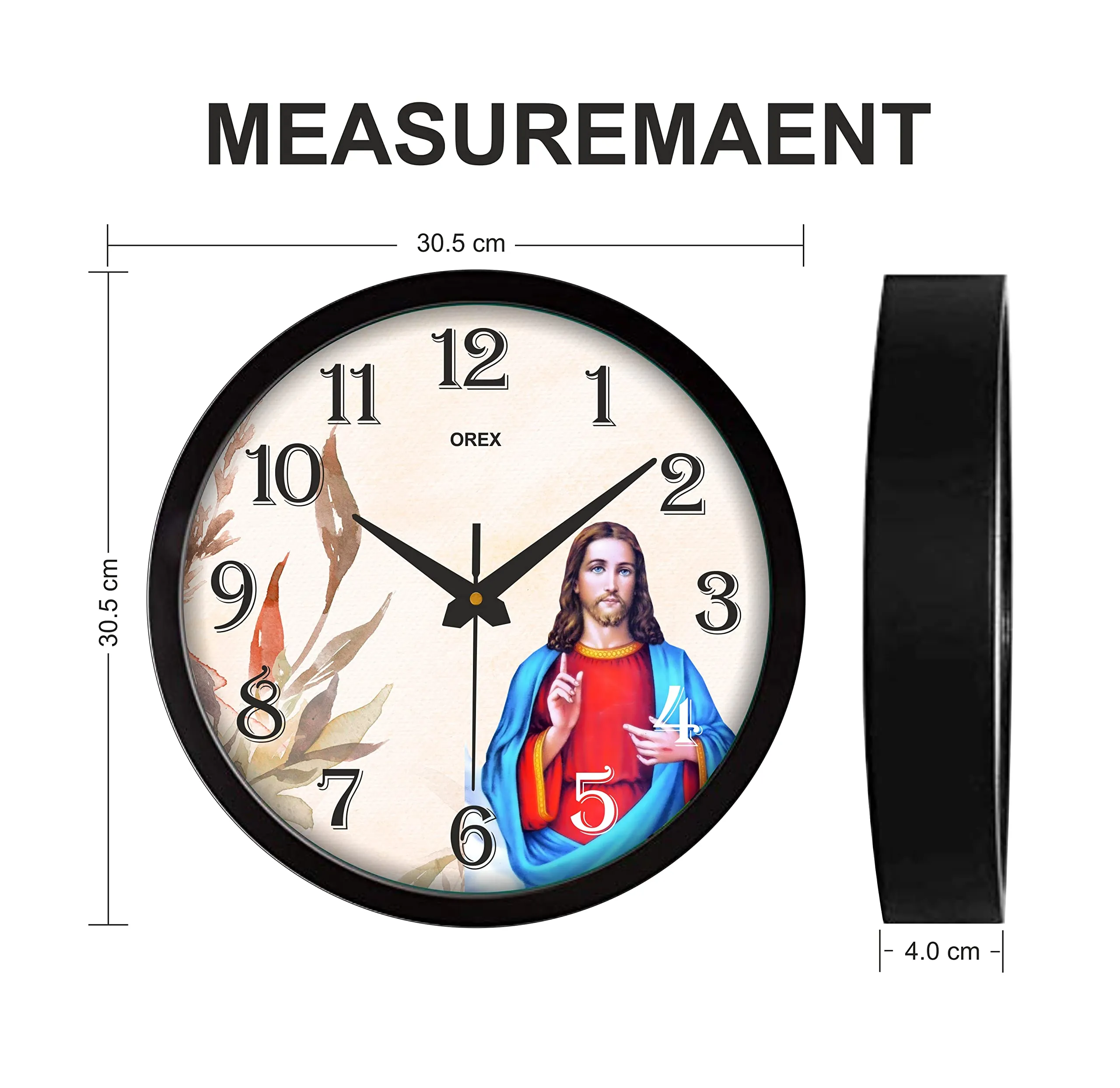 OREX Round Plastic Black Frame Plastic Jesus Christ Wall Clock with Glass (30 * 30 * 4 cm) for Living Room||Home||School||Office(OC-059)