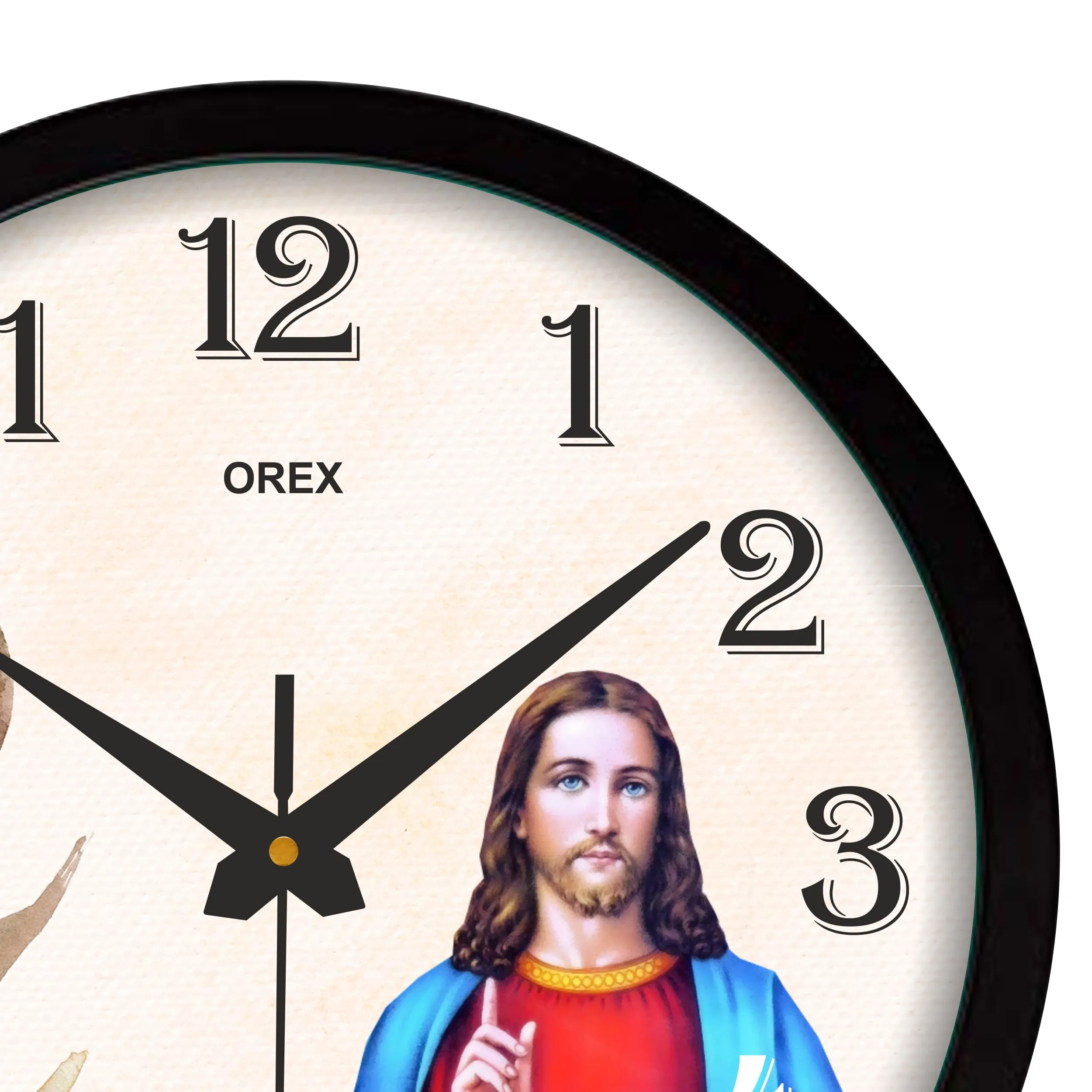 OREX Round Plastic Black Frame Plastic Jesus Christ Wall Clock with Glass (30 * 30 * 4 cm) for Living Room||Home||School||Office(OC-059)