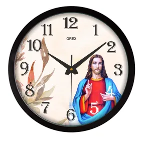 OREX Round Plastic Black Frame Plastic Jesus Christ Wall Clock with Glass (30 * 30 * 4 cm) for Living Room||Home||School||Office(OC-059)