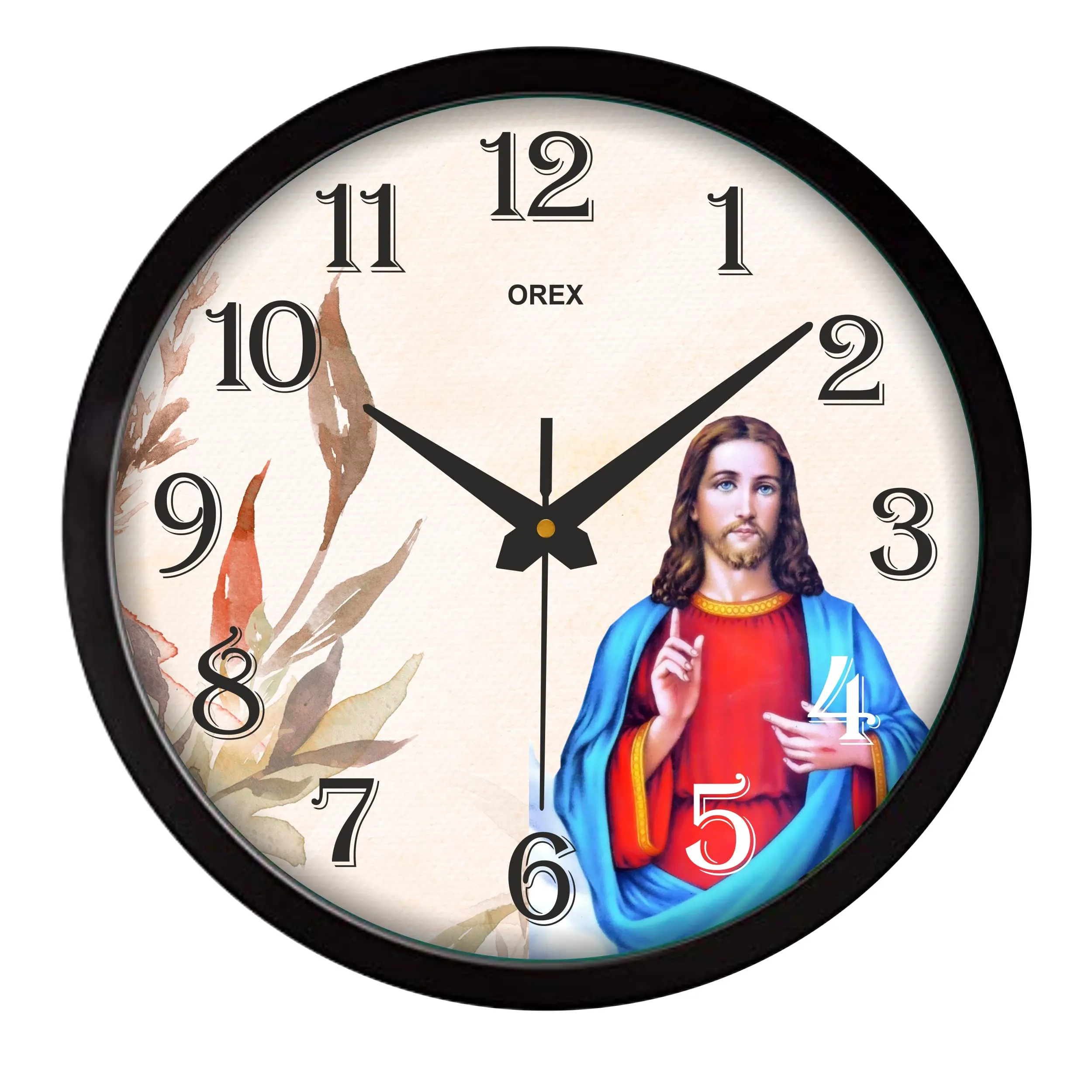 OREX Round Plastic Black Frame Plastic Jesus Christ Wall Clock with Glass (30 * 30 * 4 cm) for Living Room||Home||School||Office(OC-059)