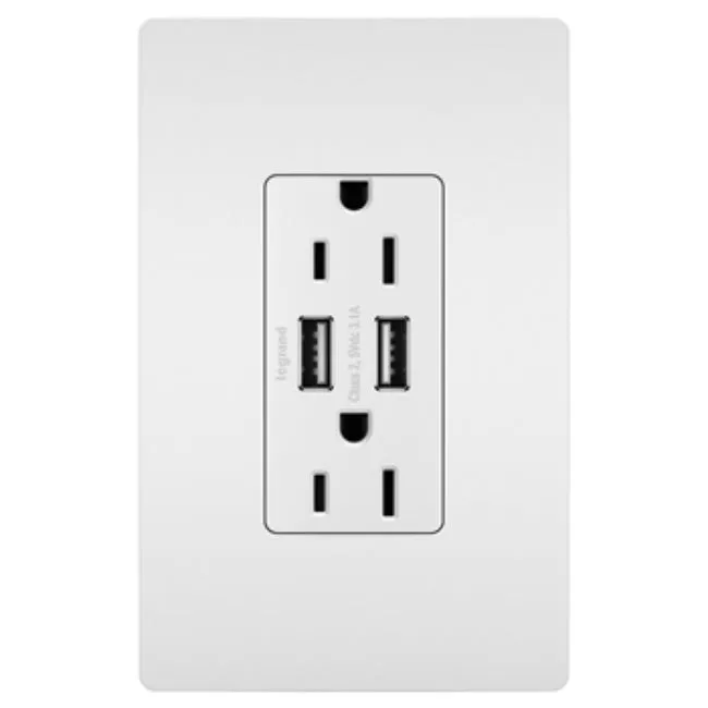 Pass & Seymour TM826USBWCC6 Combo USB Charger w/ Duplex Receptacle, 15A, White