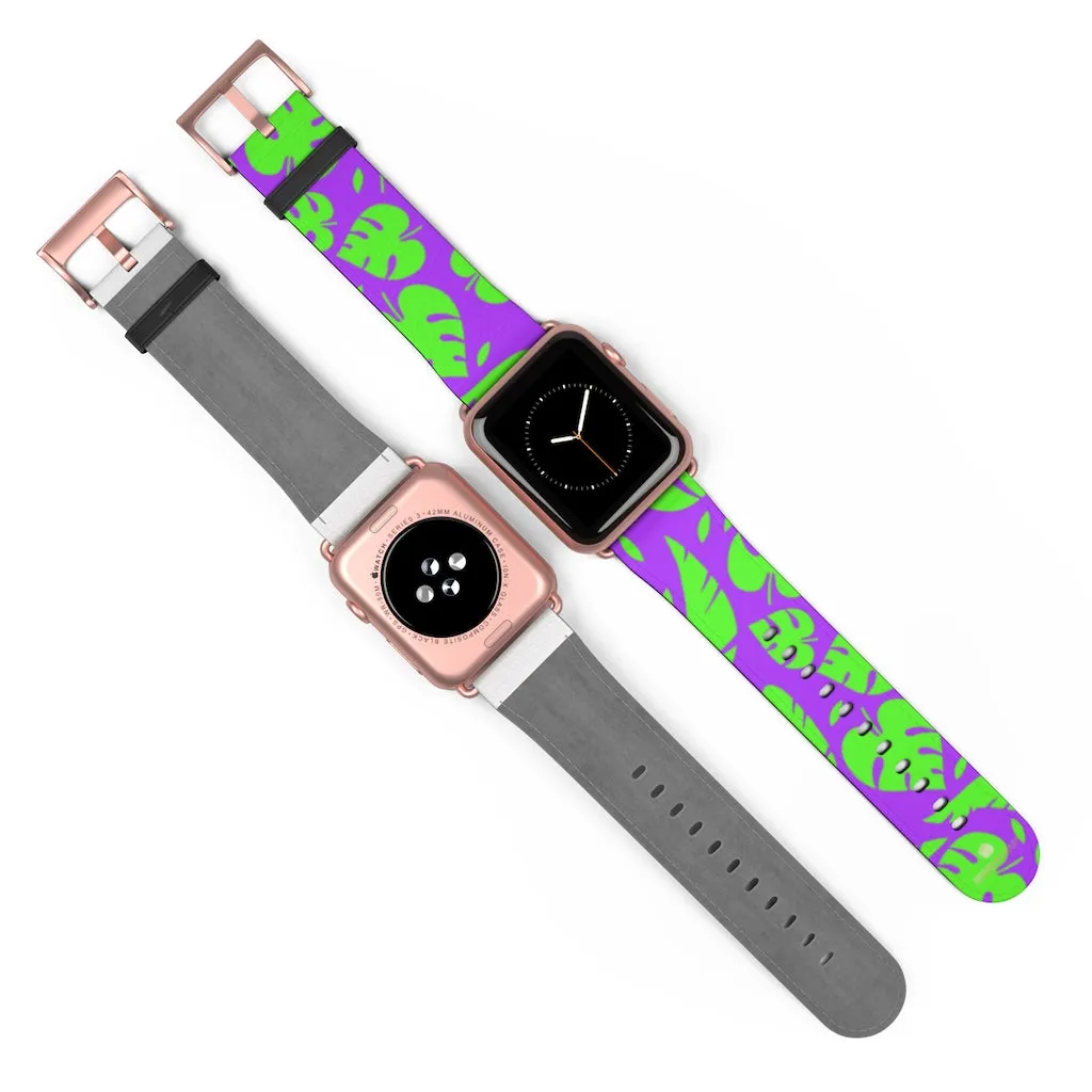Purple Green Tropical Watch Band, Leaf Print 38mm/42mm Watch Band For Apple Watch- Made in USA