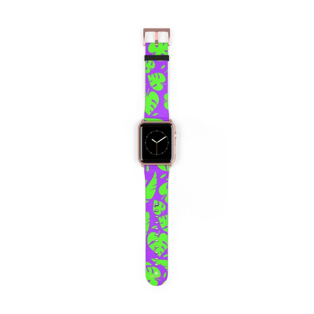 Purple Green Tropical Watch Band, Leaf Print 38mm/42mm Watch Band For Apple Watch- Made in USA