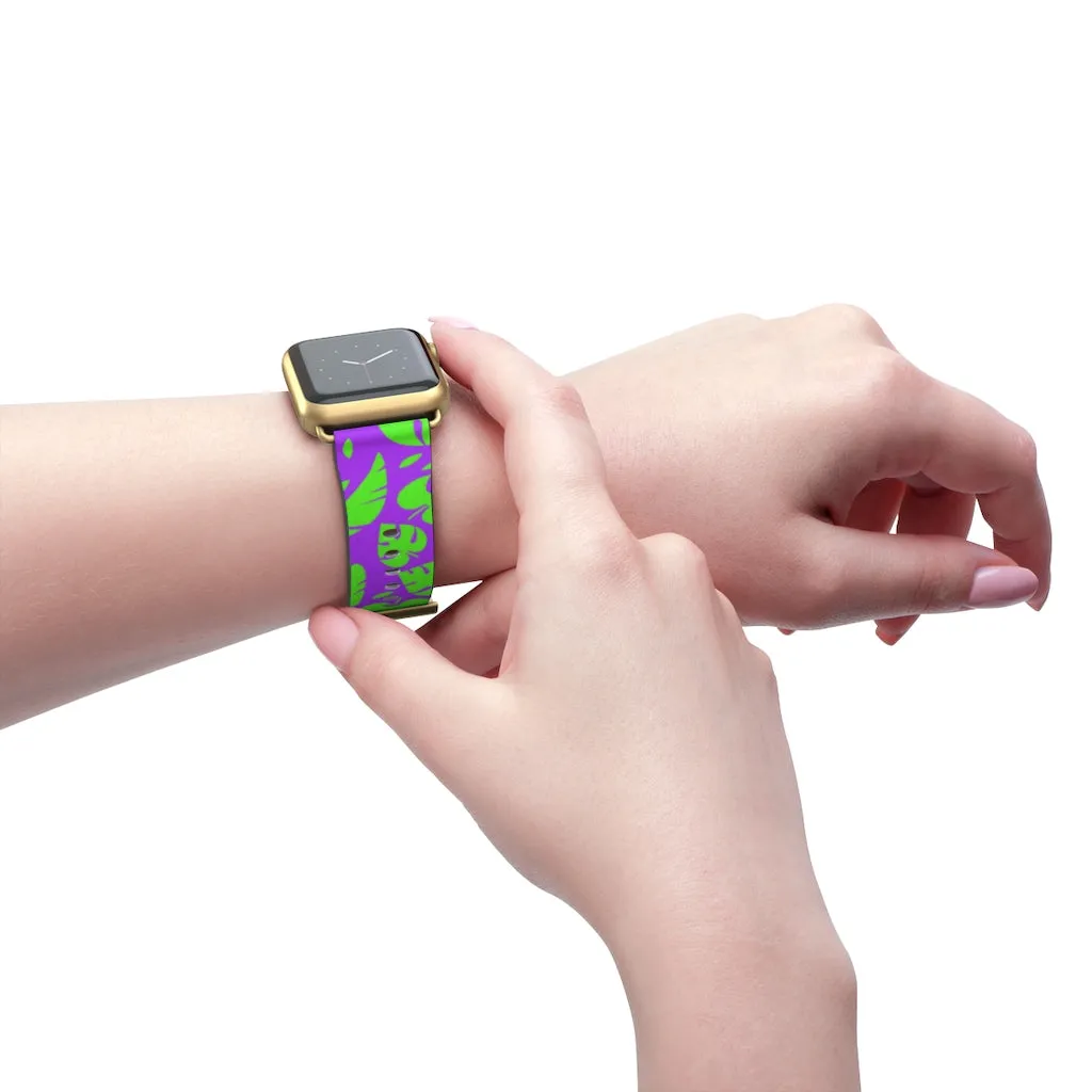 Purple Green Tropical Watch Band, Leaf Print 38mm/42mm Watch Band For Apple Watch- Made in USA