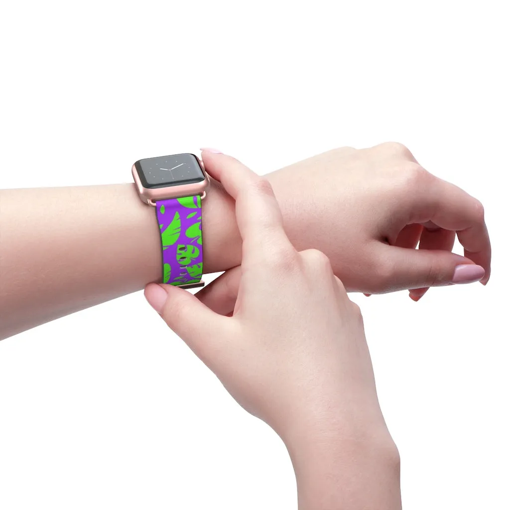 Purple Green Tropical Watch Band, Leaf Print 38mm/42mm Watch Band For Apple Watch- Made in USA