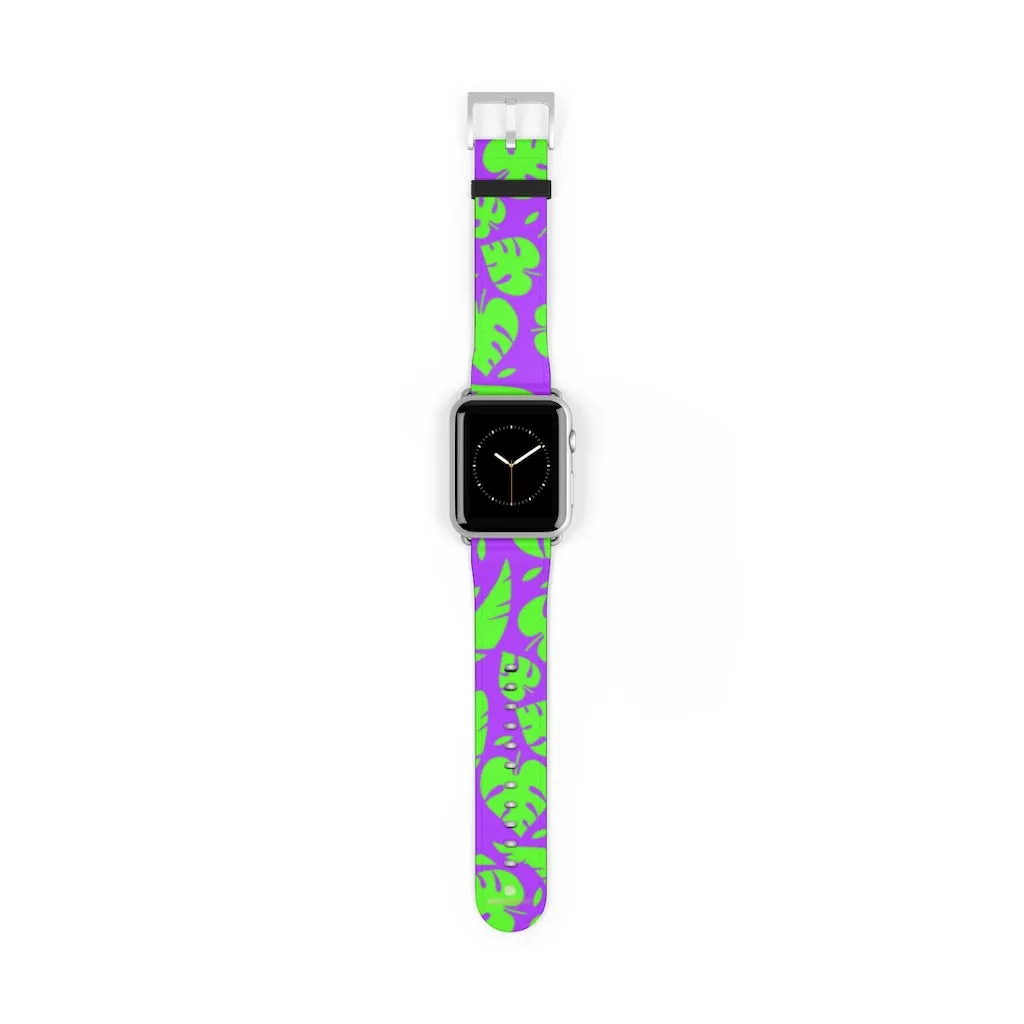 Purple Green Tropical Watch Band, Leaf Print 38mm/42mm Watch Band For Apple Watch- Made in USA