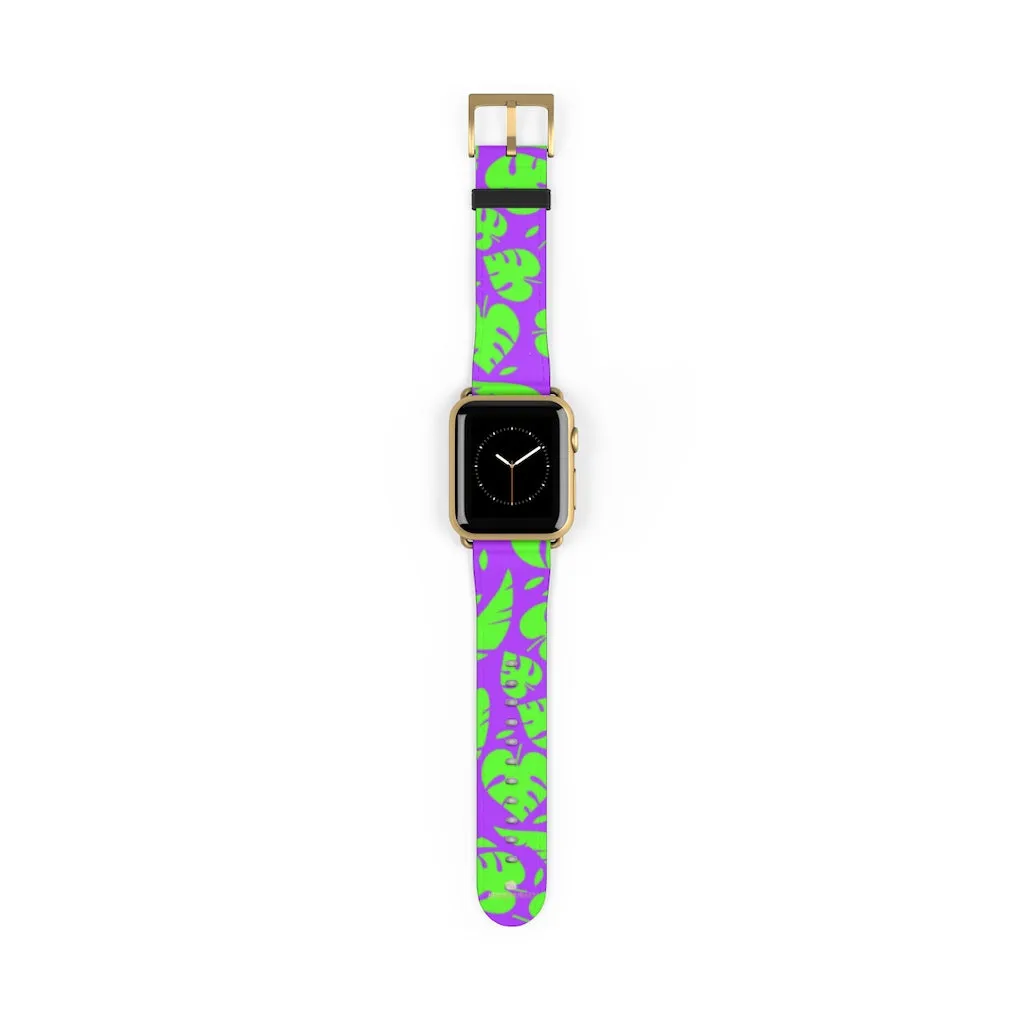 Purple Green Tropical Watch Band, Leaf Print 38mm/42mm Watch Band For Apple Watch- Made in USA