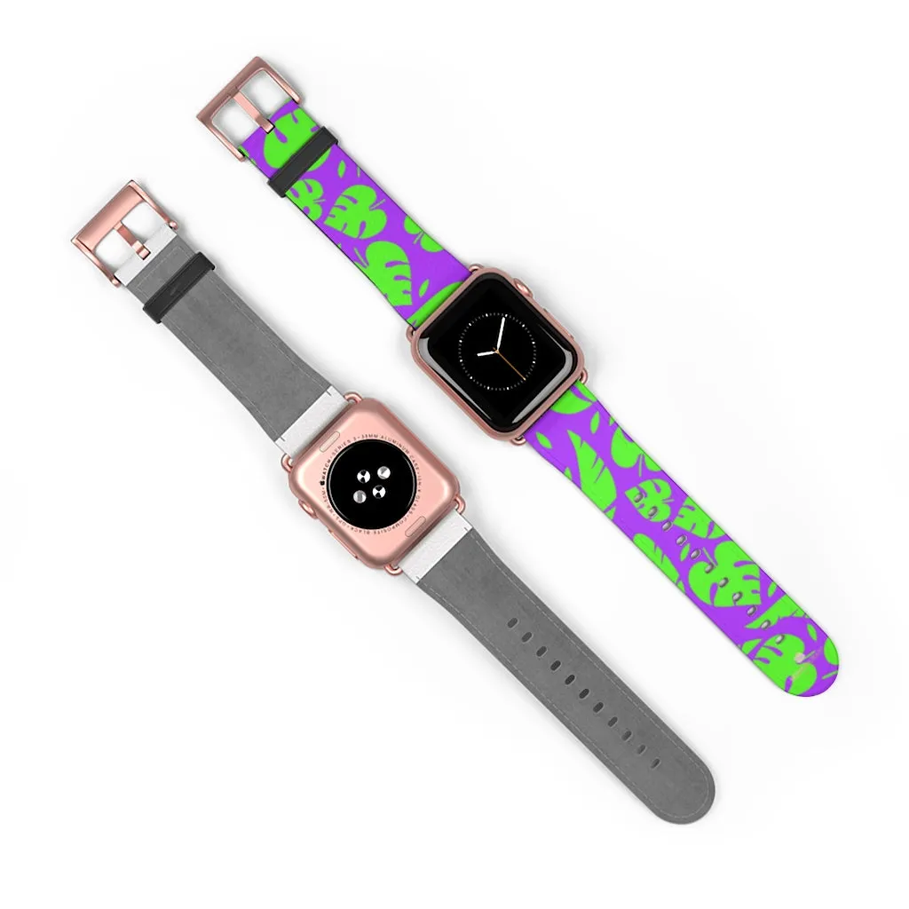 Purple Green Tropical Watch Band, Leaf Print 38mm/42mm Watch Band For Apple Watch- Made in USA