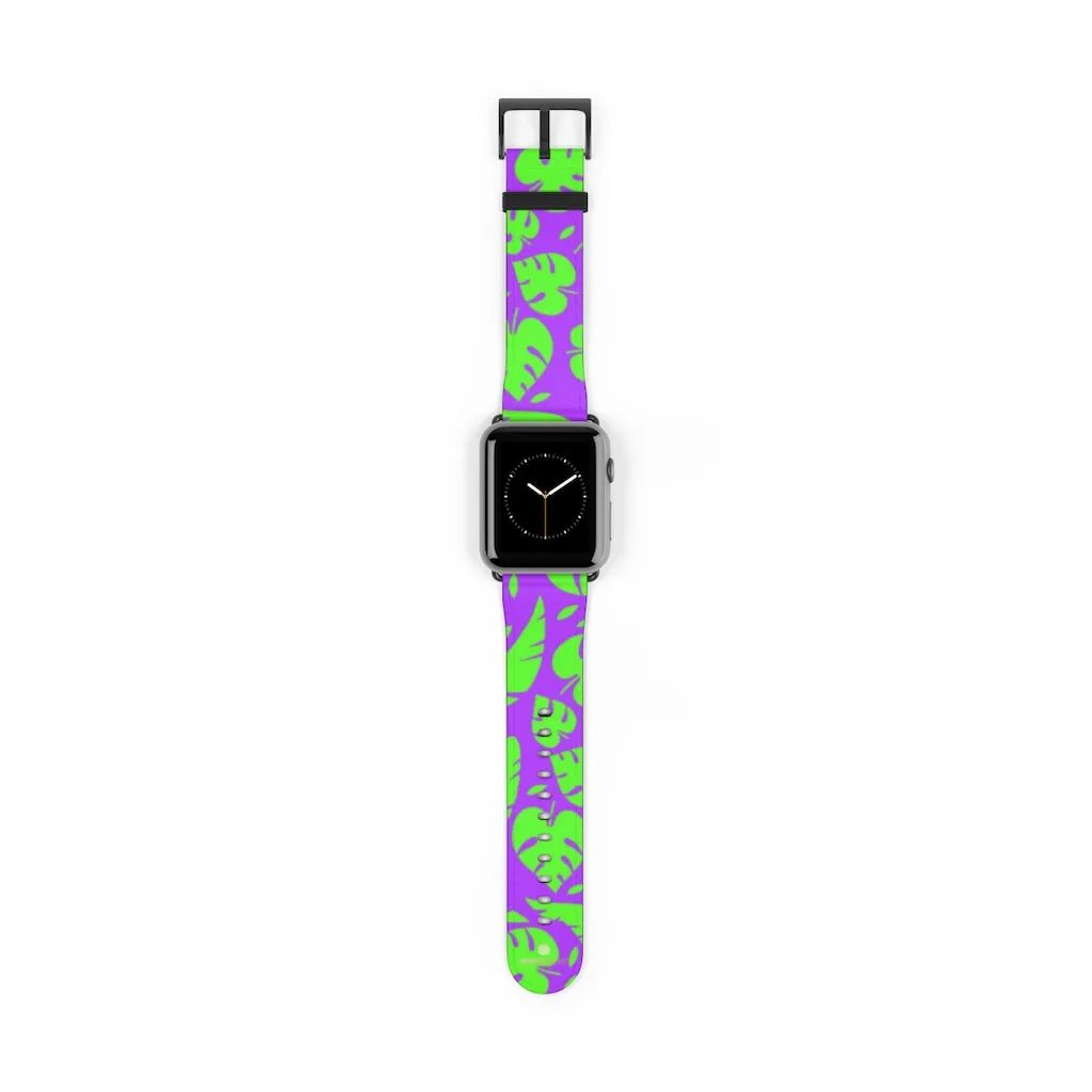 Purple Green Tropical Watch Band, Leaf Print 38mm/42mm Watch Band For Apple Watch- Made in USA