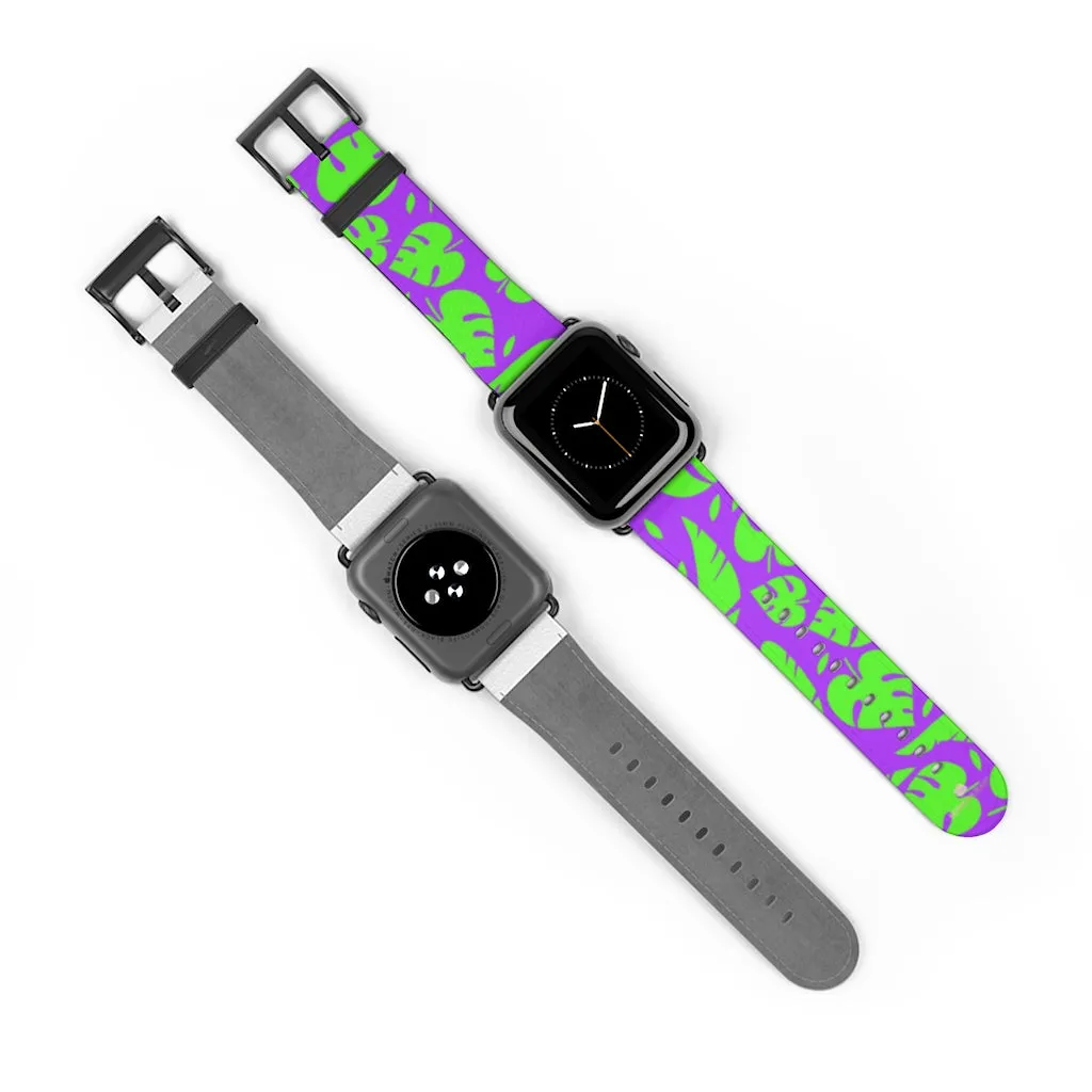 Purple Green Tropical Watch Band, Leaf Print 38mm/42mm Watch Band For Apple Watch- Made in USA