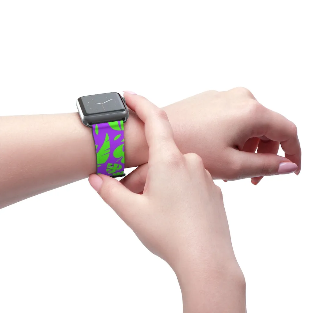 Purple Green Tropical Watch Band, Leaf Print 38mm/42mm Watch Band For Apple Watch- Made in USA