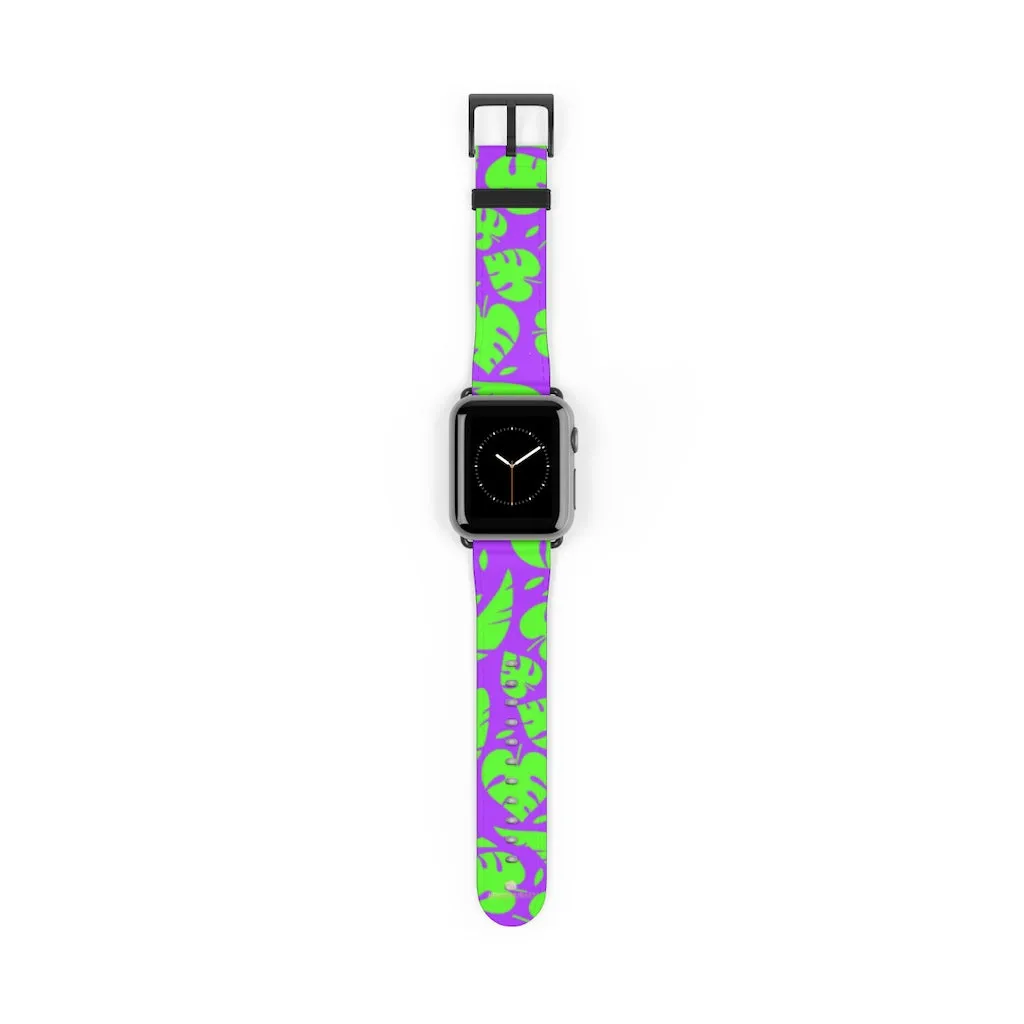 Purple Green Tropical Watch Band, Leaf Print 38mm/42mm Watch Band For Apple Watch- Made in USA