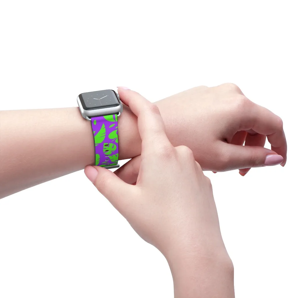 Purple Green Tropical Watch Band, Leaf Print 38mm/42mm Watch Band For Apple Watch- Made in USA