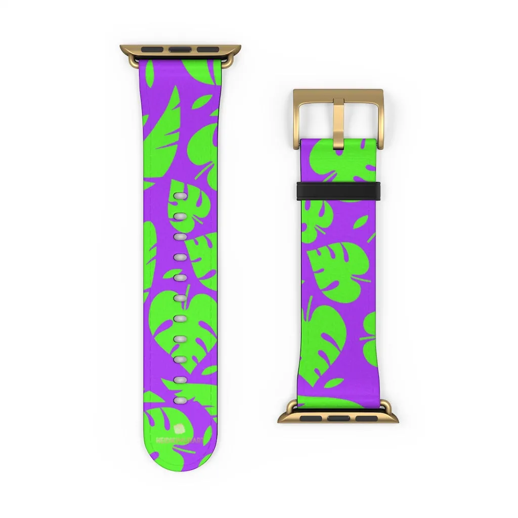 Purple Green Tropical Watch Band, Leaf Print 38mm/42mm Watch Band For Apple Watch- Made in USA