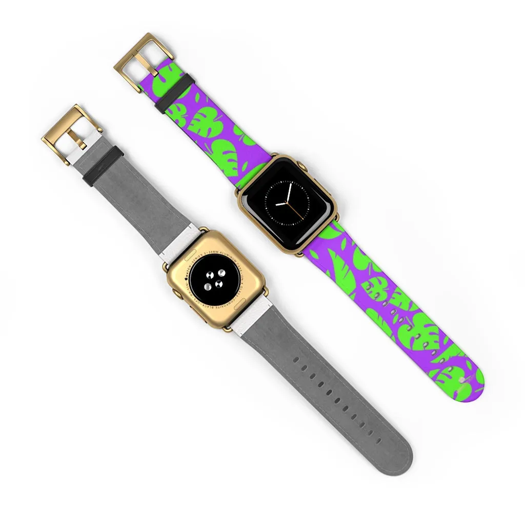 Purple Green Tropical Watch Band, Leaf Print 38mm/42mm Watch Band For Apple Watch- Made in USA
