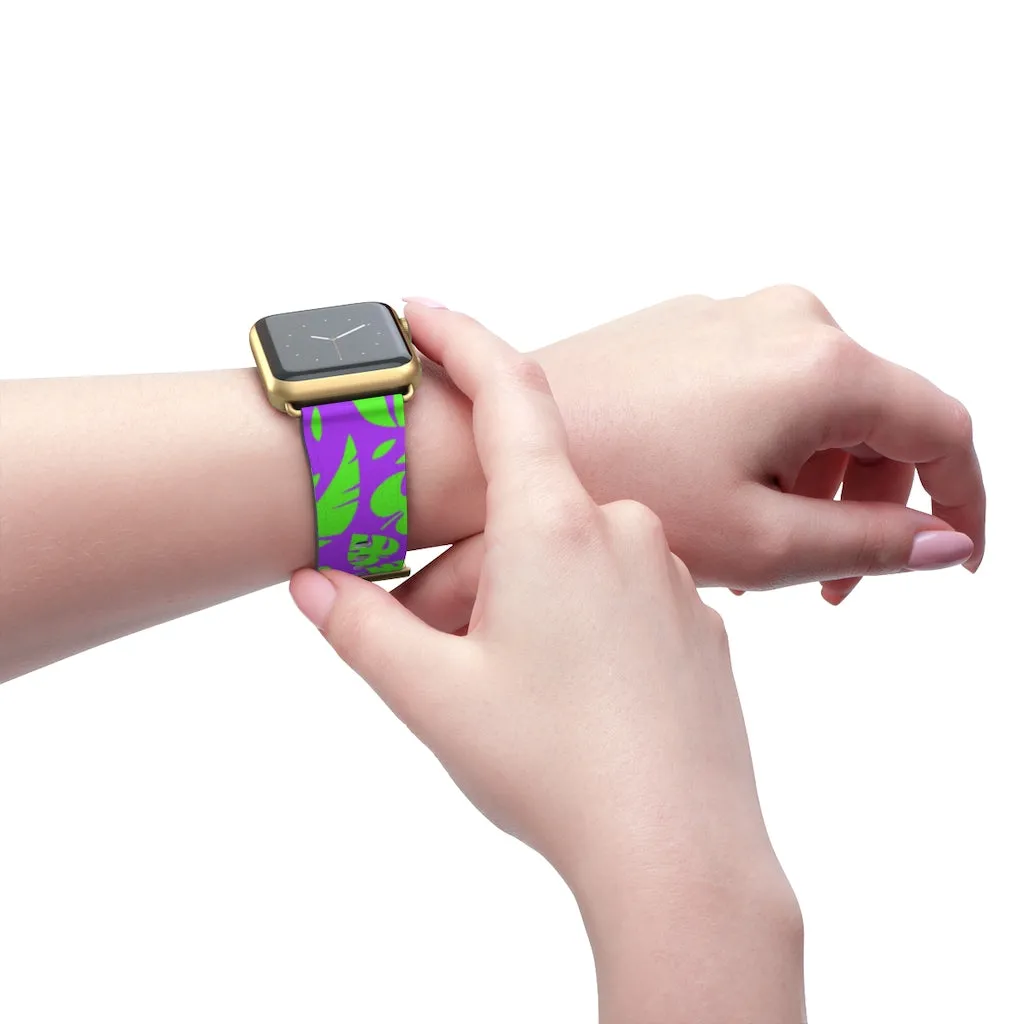 Purple Green Tropical Watch Band, Leaf Print 38mm/42mm Watch Band For Apple Watch- Made in USA