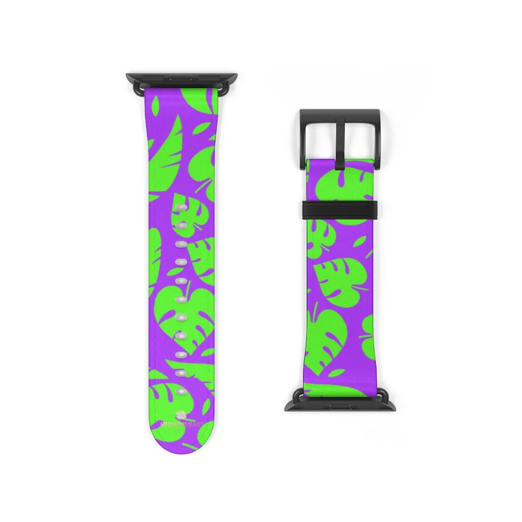 Purple Green Tropical Watch Band, Leaf Print 38mm/42mm Watch Band For Apple Watch- Made in USA
