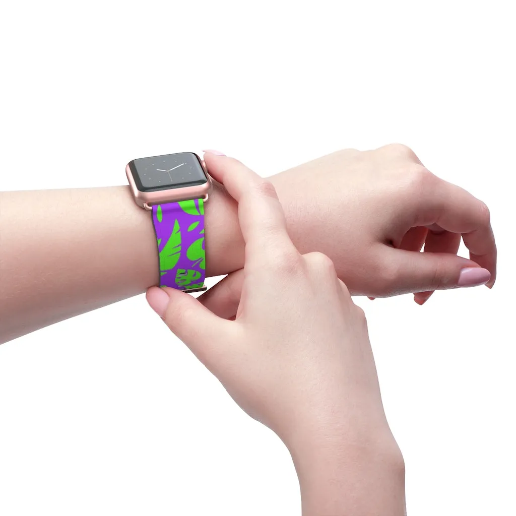 Purple Green Tropical Watch Band, Leaf Print 38mm/42mm Watch Band For Apple Watch- Made in USA