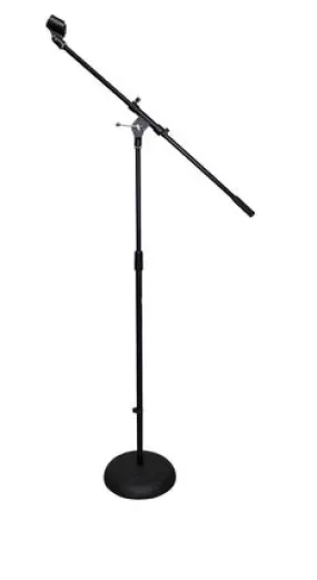 Round Base Microphone Stand with Boom Arm & Clip - Black