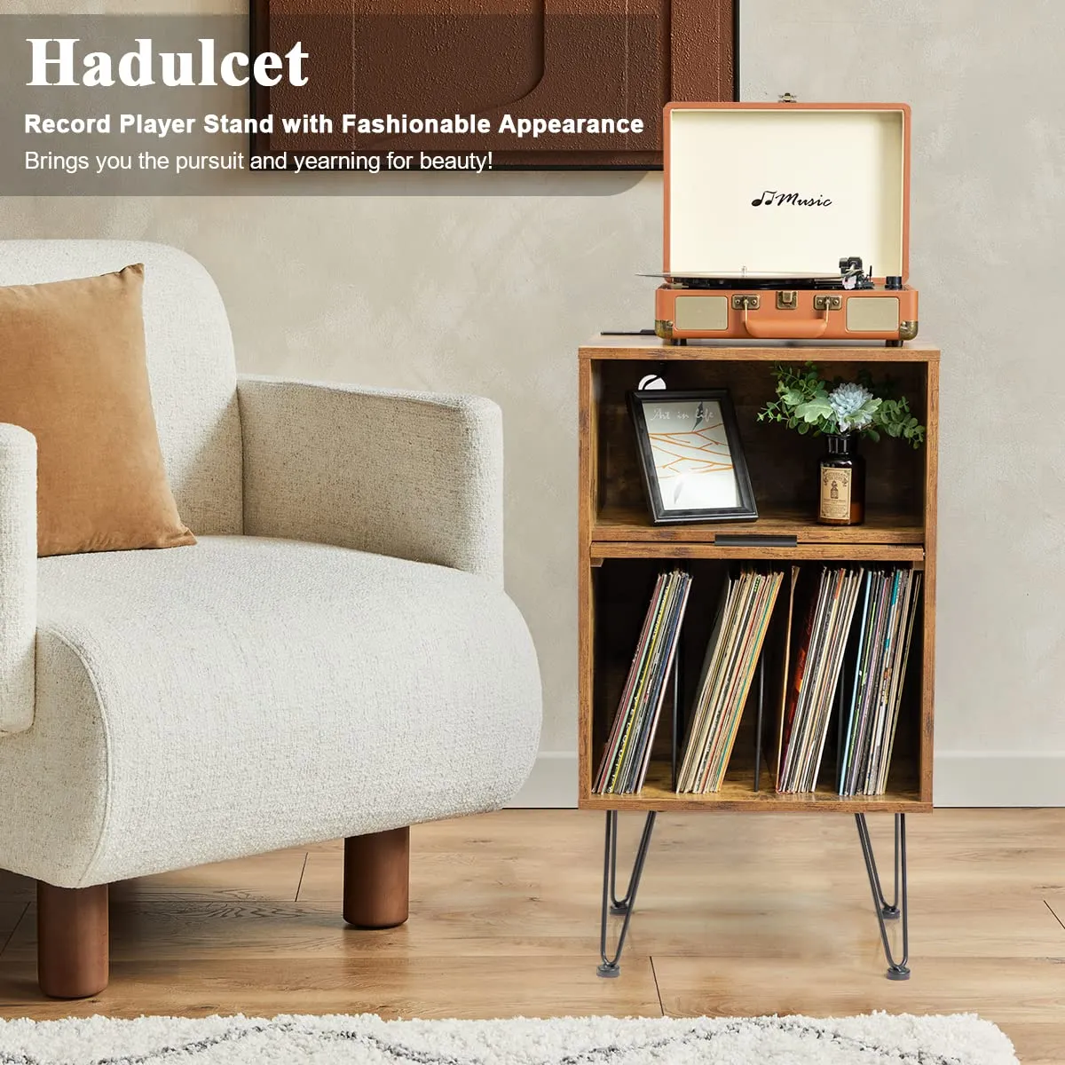 Rustic Brown Wooden Record Player Table with Metal Legs