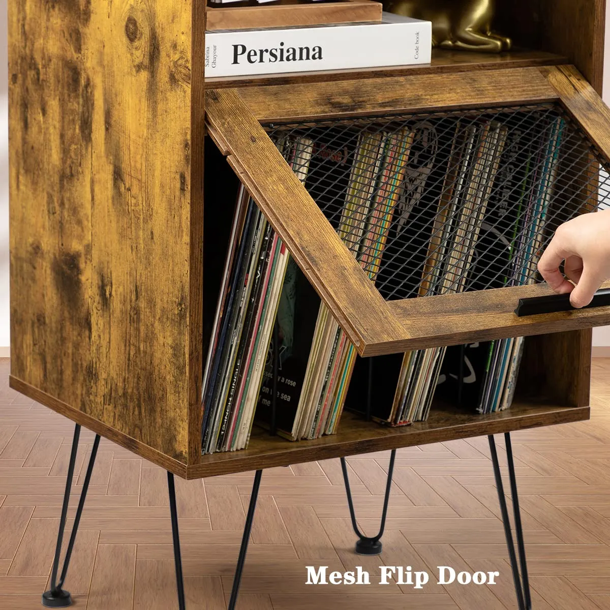 Rustic Brown Wooden Record Player Table with Metal Legs