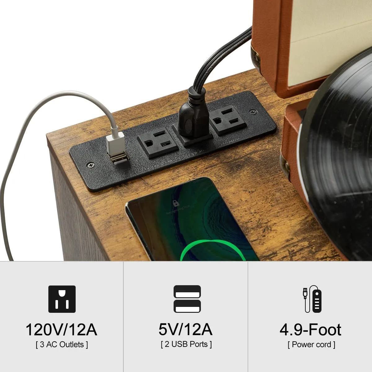 Rustic Brown Wooden Record Player Table with Metal Legs