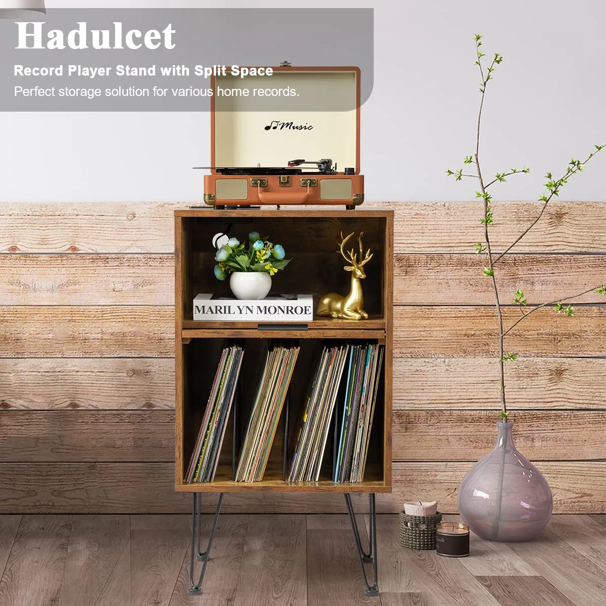 Rustic Brown Wooden Record Player Table with Metal Legs