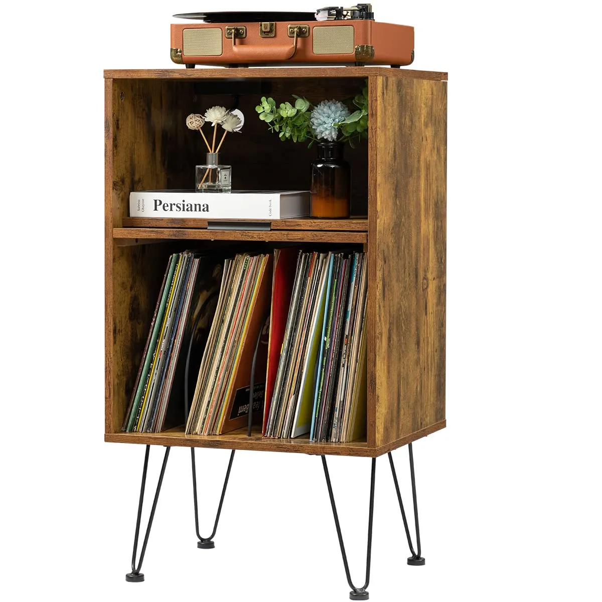 Rustic Brown Wooden Record Player Table with Metal Legs