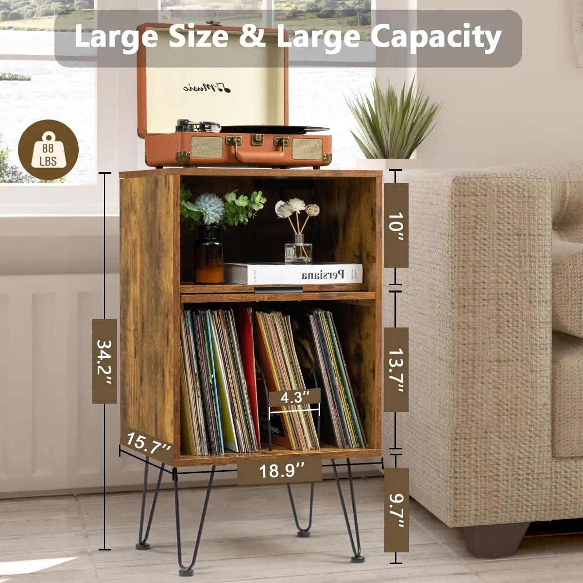 Rustic Brown Wooden Record Player Table with Metal Legs