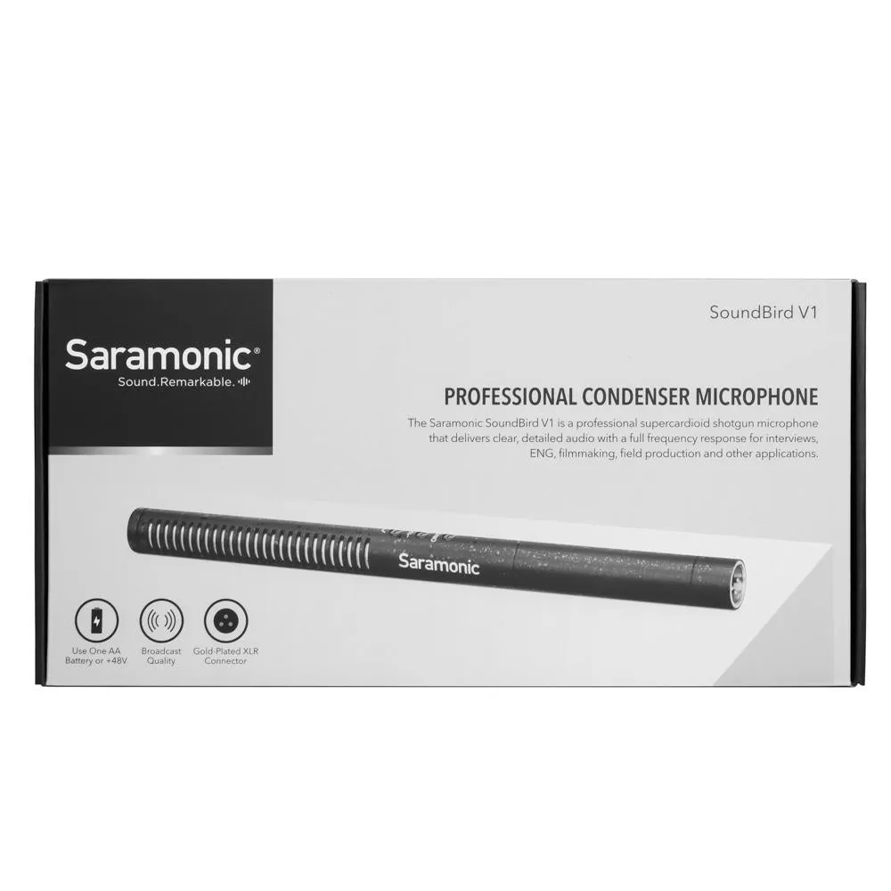 Saramonic SoundBird V1 Professional Supercardioid Shotgun Microphone with High-Pass Filter, -10dB Pad, Shock Mount, Foam Windscreen & Short XLR Output Cable