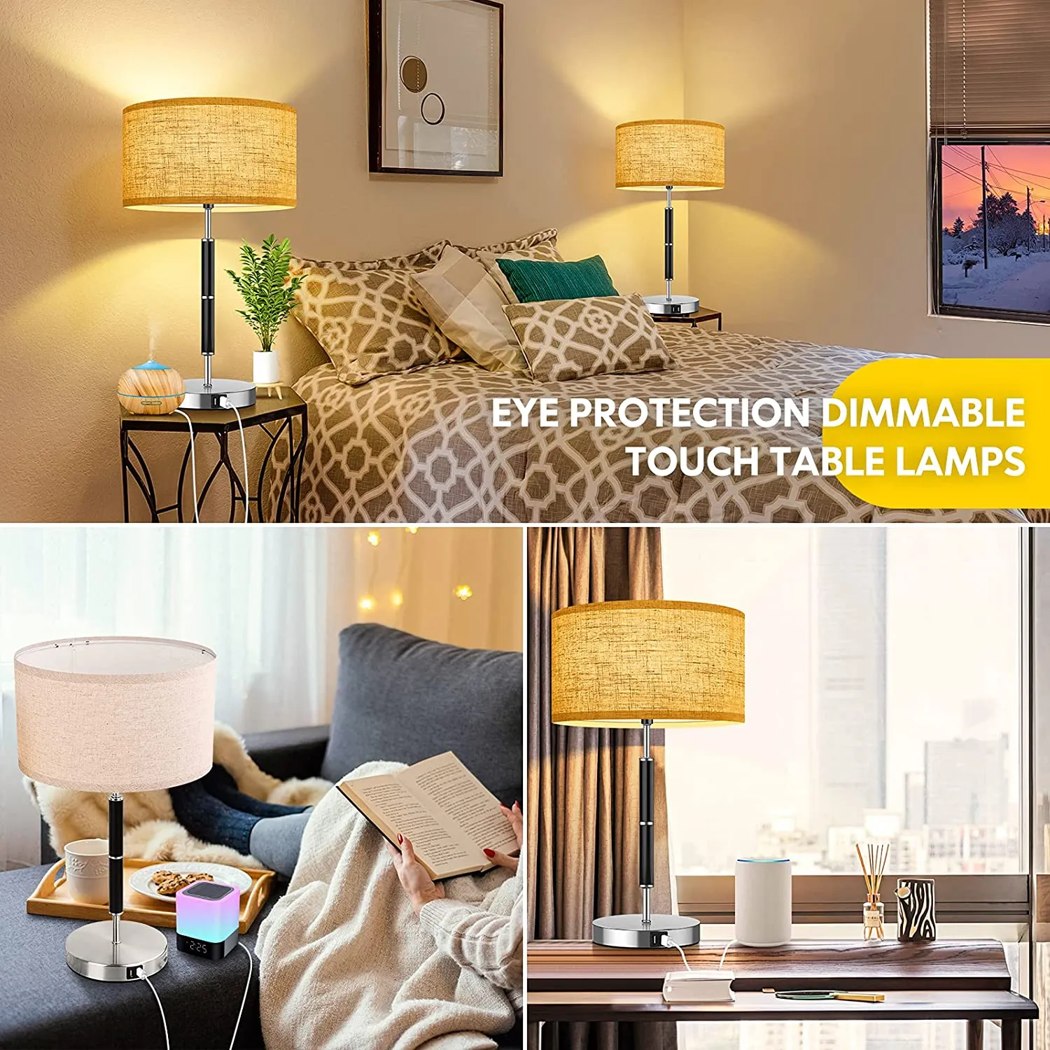 Set of 2, Dual USB Touch Dimmable Lamps, 23 Inch 3-Way