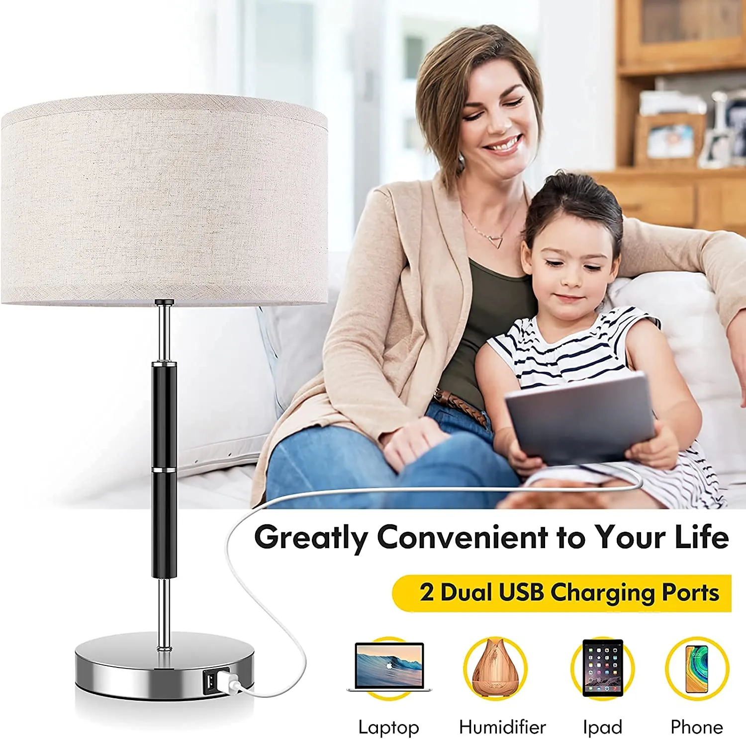 Set of 2, Dual USB Touch Dimmable Lamps, 23 Inch 3-Way