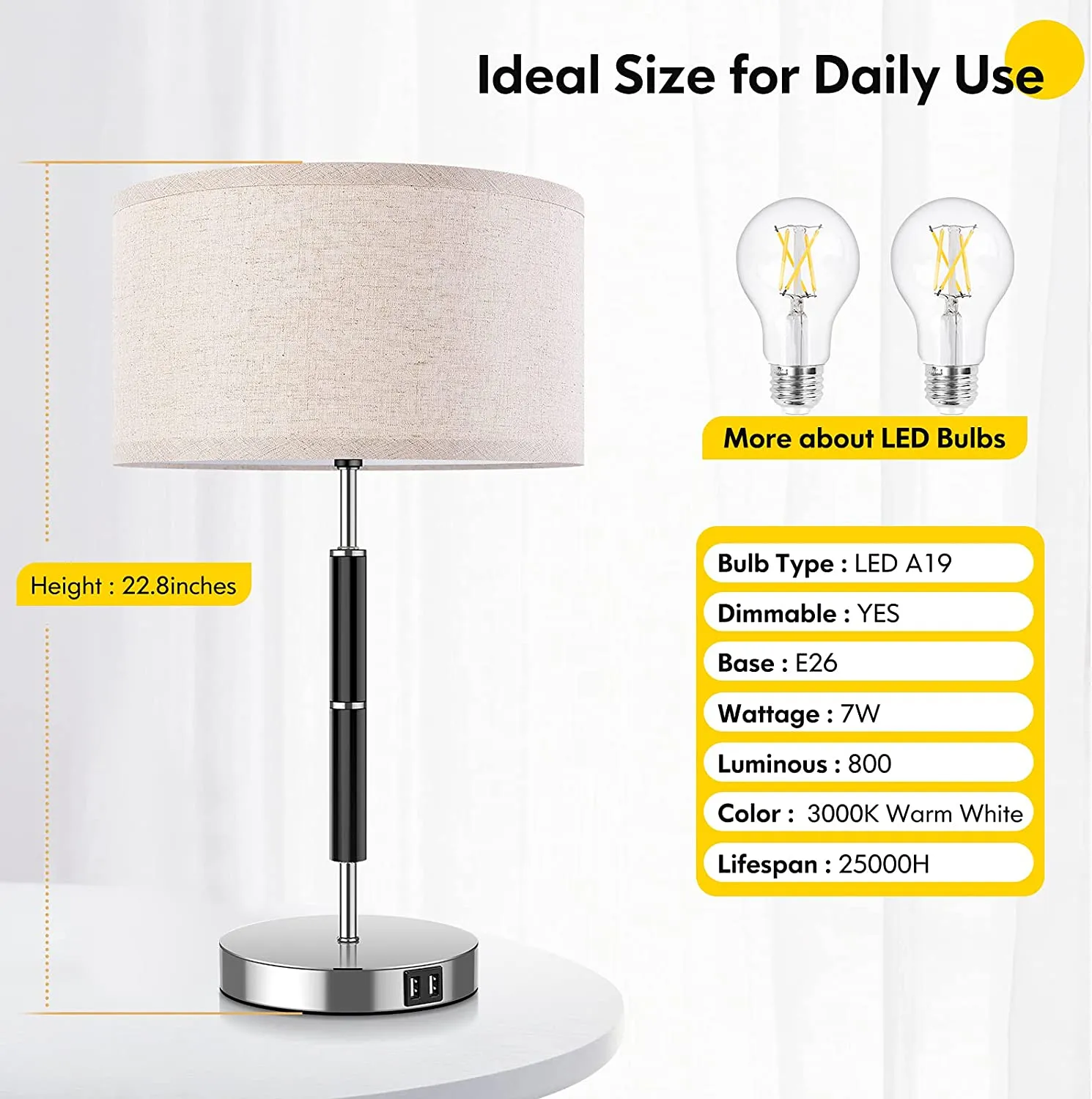 Set of 2, Dual USB Touch Dimmable Lamps, 23 Inch 3-Way
