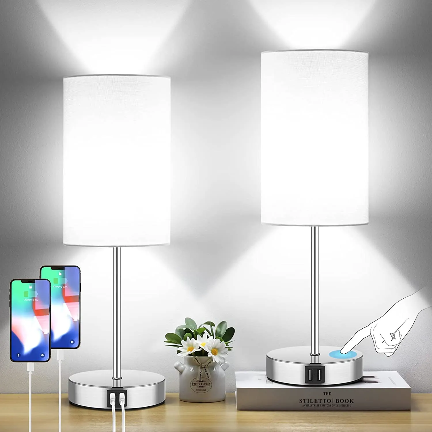 Set of 2, Dual USB Touch Dimmable Lamps, 23 Inch 3-Way