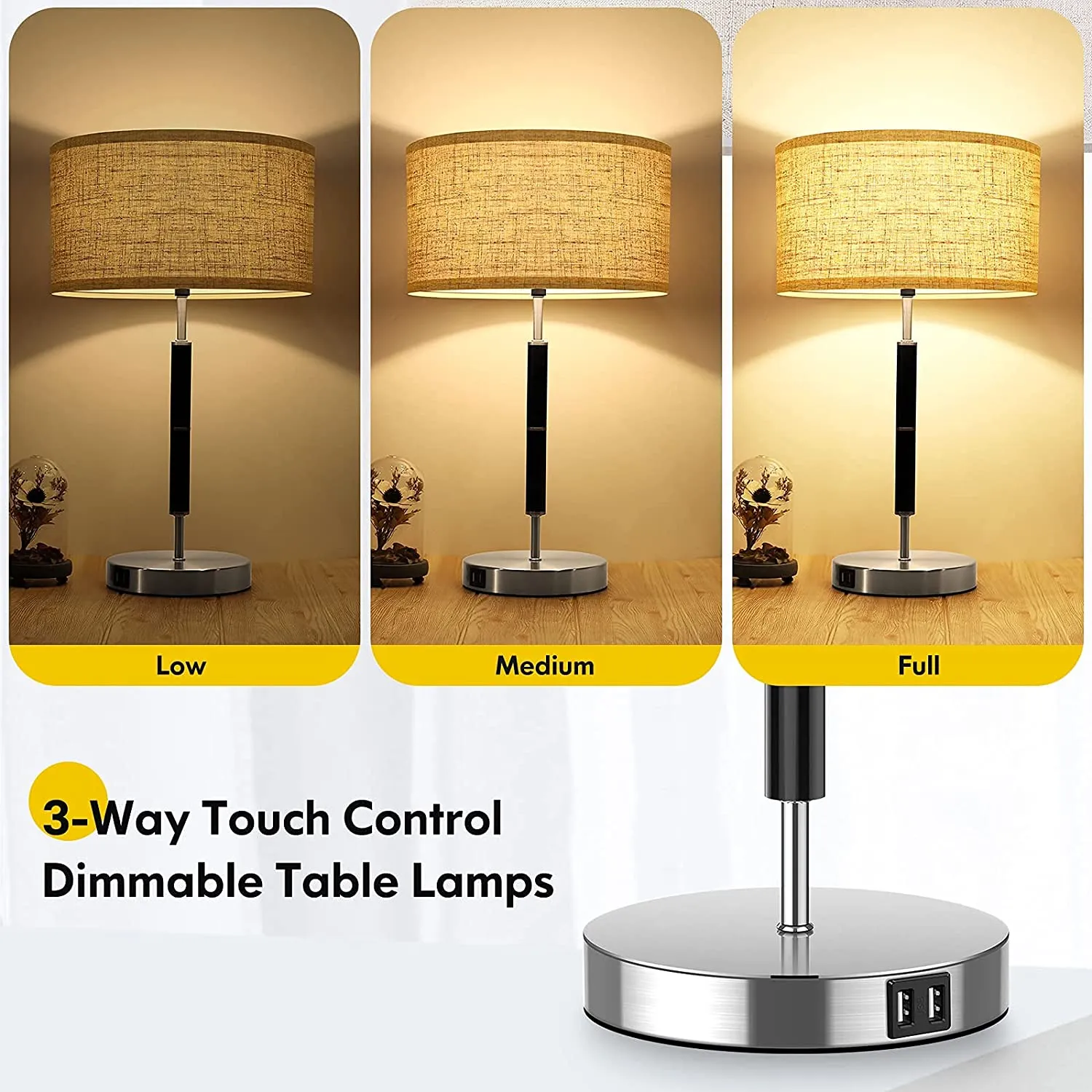 Set of 2, Dual USB Touch Dimmable Lamps, 23 Inch 3-Way
