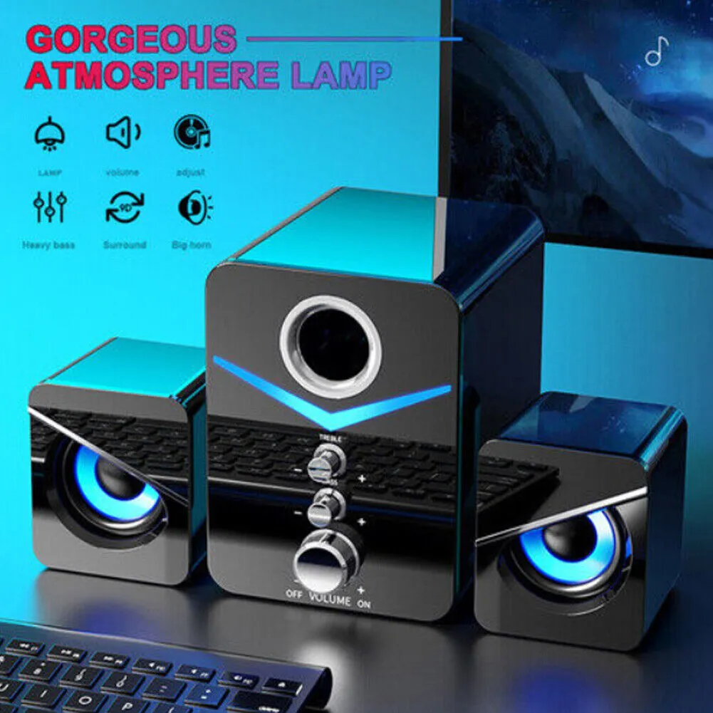 US 1-2 Pcs USB Computer LED Speakers Subwoofer Bass Control Desktop Laptop PC