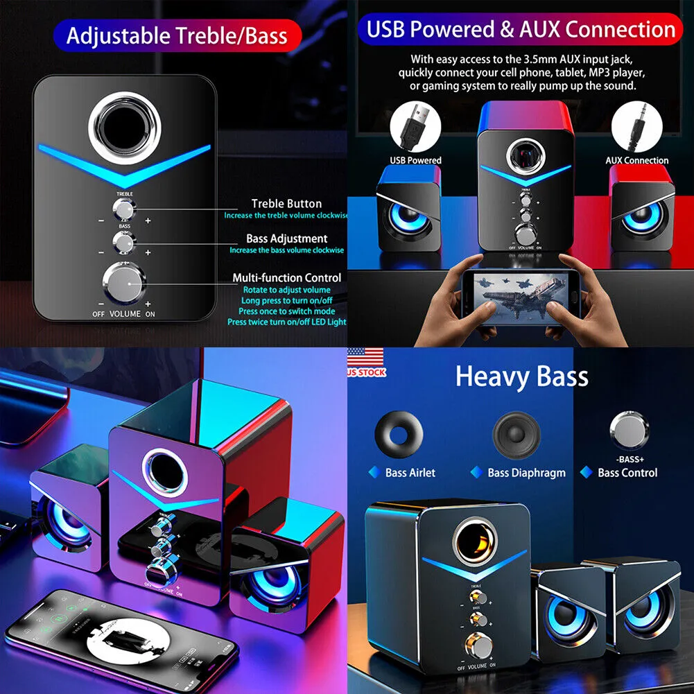 US 1-2 Pcs USB Computer LED Speakers Subwoofer Bass Control Desktop Laptop PC